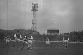 Action from Hibs' 11-1 win against Hamilton Accies on November 6 1965. Eric Stevenson hit a hat-trick; Jim Scott and Jimmy O'Rourke netted doubles, and Peter Cormack, Davie Hogg, and Joe Davis all scored once along with an own goal by Jim Small