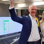 Lib Dem group leader Kevin Lang celebrates with new councillor Fiona Bennett