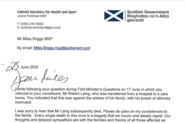 Part of the official letter from Health Secretary Jeane Freeman to Miles Briggs MSP