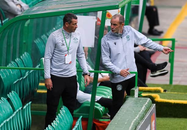 Hibs boss Jack Ross, left, and his assistant John Potter during Hibs' 3-1 defeat by Celtic.