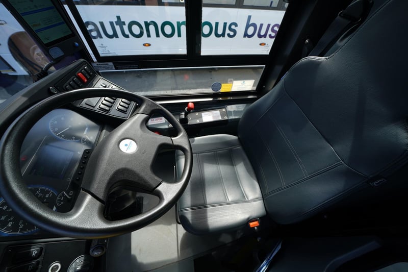 The driverless cab on the new autonomous bus.  Although a "safety driver" will sit at the controls, they will only monitor the sensors and cameras while the computer does the driving.  Sensors will detect anything which comes near the bus while the cameras will help keep it in its lane.