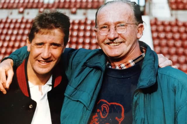 Craigie Veitch (right) pictured with Hearts legendary striker John Robertson. Craigie was an avid Jambo, following the Hearts for many years.