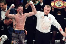 Josh Taylor is declared the victor over Jack Catterall during the WBA, WBC, WBO & IBF world light-welterweight title fight at the OVO Hydro.