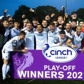 Edinburgh City players celebrate promotion to League 1 for the first time after winning the play-off final against Annan Athletic on aggregate at Galabank