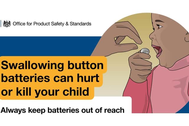 Promotional poster on the dangers of button batteries.
