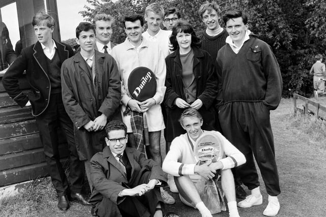 The tennis stars turning out for the Scottish Championships at Craiglockhart in July 1965. (Back row, left-right) Graeme Notman, Ralph Skea, Mike Abbott, Norman Thompson, David Abbott, D.Scott, Kirsten Mathers, D.F. McLaren and Jim Wood. (Front row) Mike Sanderson and Derek Braid.