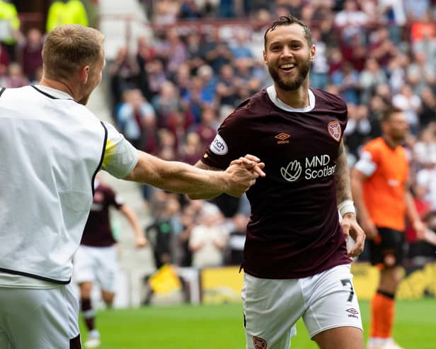 Jorge Grant scored his first goal for Hearts against Dundee United. Picture: Mark Scates / SNS