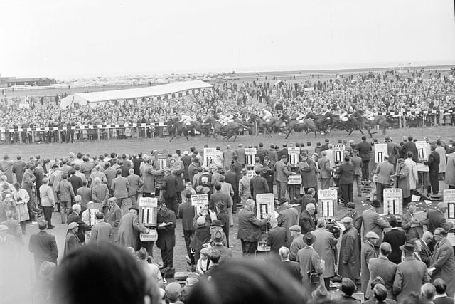 Spectators at Musselburgh Races watch the Edinburgh Cup race in September 1964.