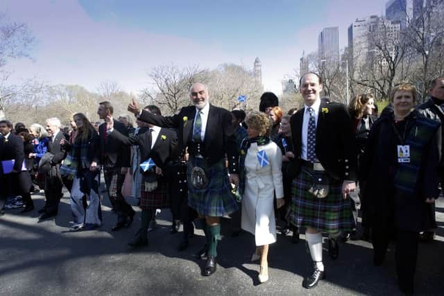 Sir Sean Connery (centre) leads the parade into Central Park at 6th Avenue and Central Park South,  New York, at the start of the Tartan Day Parade through the city in 2002.