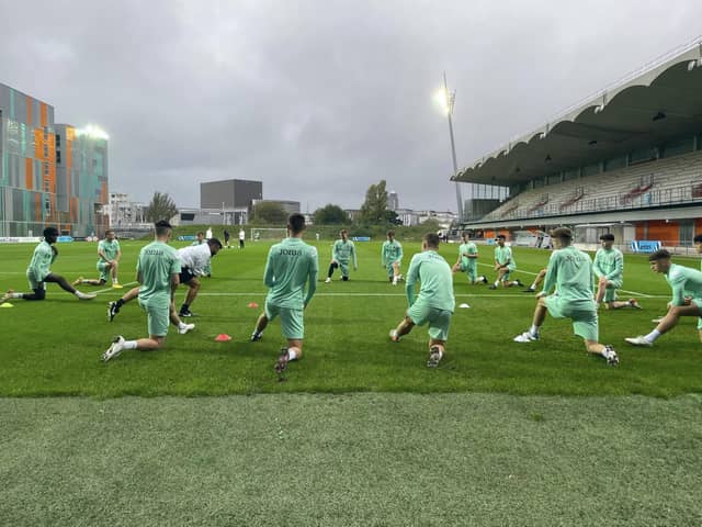 Hibs Under-19s train at the 1,880-capacity Stade Marcel-Saupin, where they will play on Wednesday against Nantes in the Uefa Youth League second round second leg. Picture: Hibernian FC