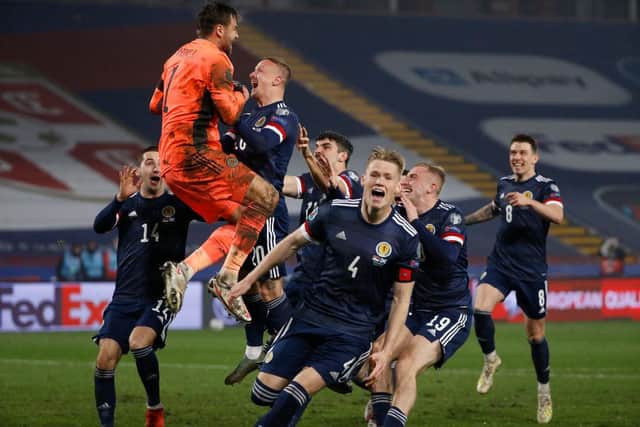 Scotland celebrate after their victory in the UEFA Euro 2020 play-off final in Serbia. (Pic: Getty Images)