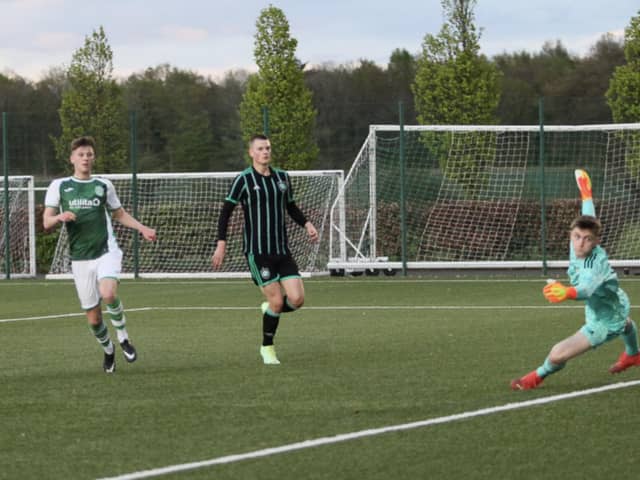 Ethan Laidlaw scores Hibs' consolation in their 3-1 defeat by Celtic. Picture: Maurice Dougan