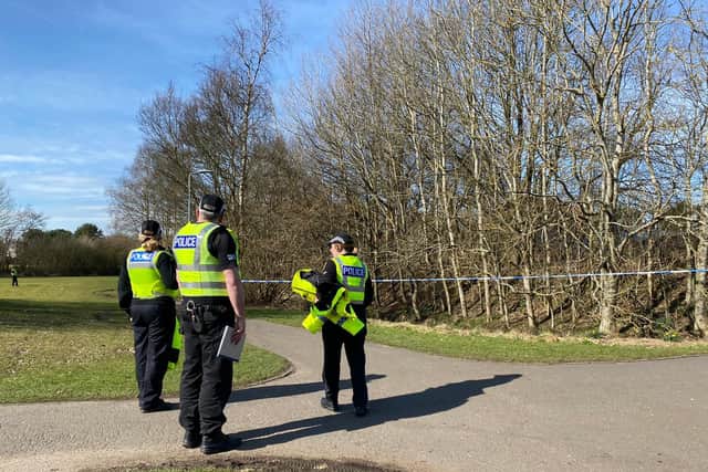 Police cordon off areas by Boghead Burn near Linkston Way in Bathgate after a body was found in water in the area (Photo: Lisa Ferguson).