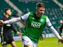 Kevin Nisbet celebrates after scoring to make it 2-0 to Hibs in their clash with Celtic on Saturday afternoon. Picture: SNS