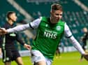 Kevin Nisbet celebrates after scoring to make it 2-0 to Hibs in their clash with Celtic on Saturday afternoon. Picture: SNS