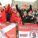 Bonnyrigg Rose fans celebrate at full-time after a 3-2 win on aggregate over Fraserburgh. Picture: Joe Gilhooley LRPS