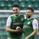 John McGinn celebrates with Lewis Stevenson after Hibs beat Dundee United 3-0 in the Scottish Championship in January 2017. Picture: Craig Foy / SNS Group
