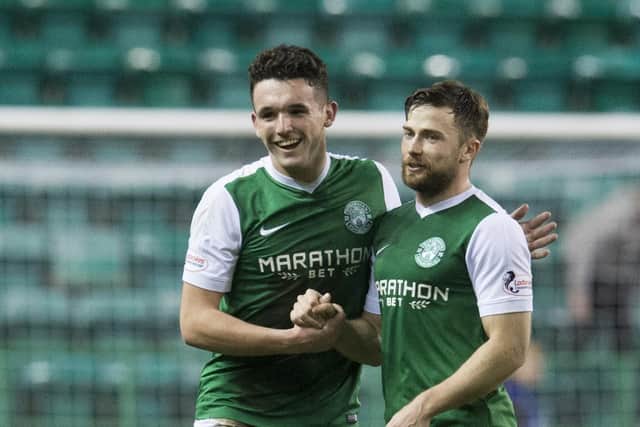 John McGinn celebrates with Lewis Stevenson after Hibs beat Dundee United 3-0 in the Scottish Championship in January 2017. Picture: Craig Foy / SNS Group