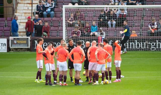The Hearts' players before a cinch Premiership match between Hearts and Aberdeen at Tynecastle Park, on August 22, 2021, in Edinburgh, Scotland. (Photo by Ross Parker / SNS Group)