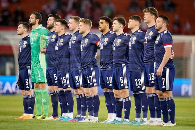Craig Gordon, second from the left, made his 66th appearance for Scotland in the 2-2 draw in Austria. Picture: Getty
