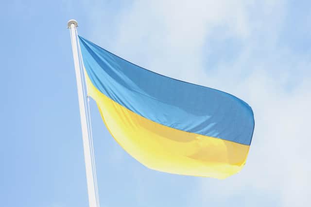 The Ukrainian flag is flown above 10 Downing Street in London, following the Russian invasion of Ukraine. PA.