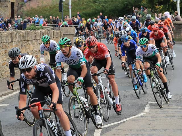 Tour of Britain riders cross the bridge over the River North Esk during their stage from Hawick to Edinburgh (pic: Joe Gilhooley)