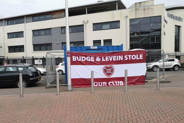 Hearts fans have unfurled a banner outside of Tynecastle. Picture: SNS