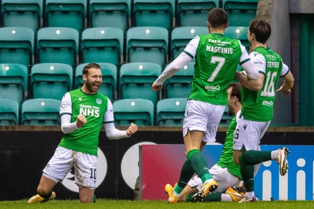 Hibs forward Martin Boyle celebrates his second goal of the game as the Easter Road side secured a 2-0  vctory over Aberdeen. Photo by Ross Parker / SNS Group