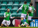 Hibs forward Martin Boyle celebrates his second goal of the game as the Easter Road side secured a 2-0  vctory over Aberdeen. Photo by Ross Parker / SNS Group