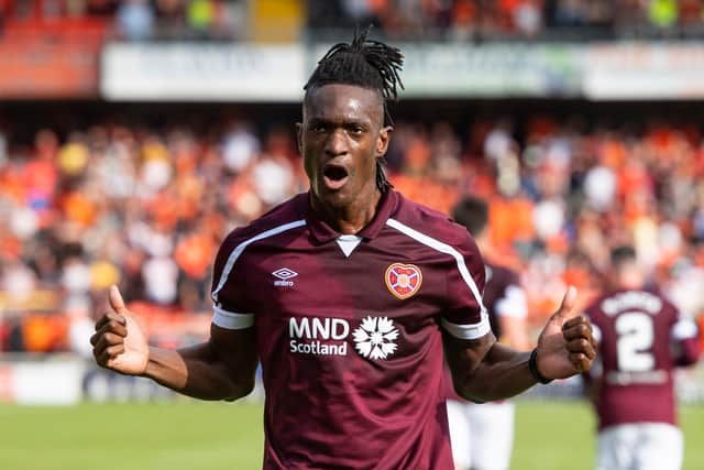 Armand Gnanduillet celebrates after scoring against Dundee United in August. It would prove to be his only goal for Hearts this season. Picture: SNS