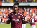 Armand Gnanduillet celebrates after scoring against Dundee United in August. It would prove to be his only goal for Hearts this season. Picture: SNS