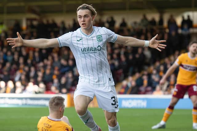 Elias Melkersen celebrates after opening the scoring in Hibs' 2-1 Scottish Cup quarter-final victory over Motherwell. Picture: SNS