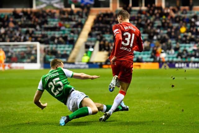 Borna Barisic is fouled by Ryan Porteous who is red carded  during a Ladbrokes Premiership match between Hibernian and Rangers, at Easter Road, on December 20, 2019, in Edinburgh, Scotland. (Photo by Rob Casey / SNS Group)