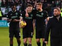 Kevin Nisbet and Ryan Porteous celebrate Hibs' victory at full-time at Fir Park