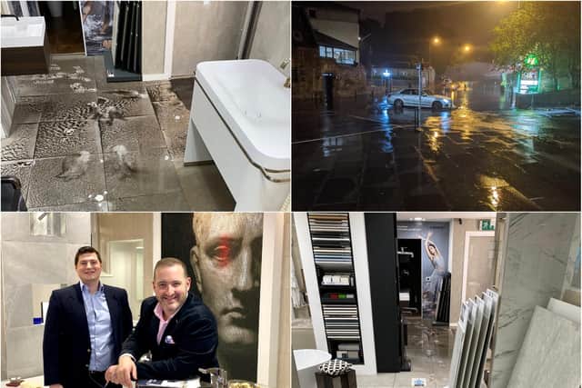 Johnny Bacigalupo, managing director of Napier Bathrooms and Interiors (right) with showroom manager Daniel O’Gara and some pictures of the flood damage. Pictures: Contributed/ JPI