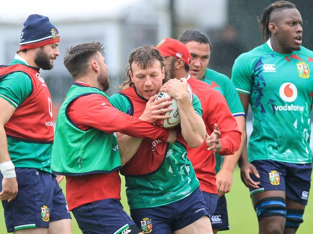 Hamish Watson in action during the British and Irish Lions training session held at at Stade Santander International stadium on June 22, 2021 in Saint Peter, Jersey. (Photo by David Rogers/Getty Images)