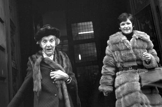 Dora Noyce leaves Edinburgh Sheriff Court in December 1976. Dora was infamous in Edinburgh n the 1970s for the brothel she ran at 17 Danube Street. Woman on right not identified Pic by: Stan Warburton