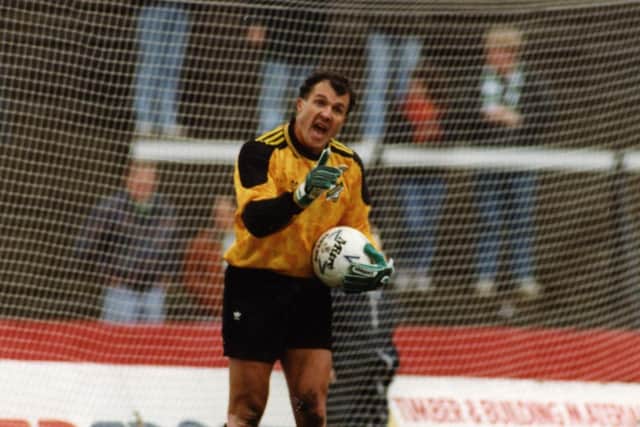 John Burridge in action for Hibs against St Mirren at Love Street, March 1993.