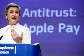 European Commission vice-president Margrethe Vestager gives a press conference on EU objections sent to Apple over practices regarding Apple Pay, at the EU headquarters in Brussels on May 2, 2022.