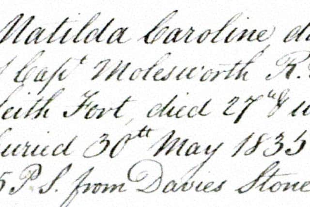 The record of Matilda Caroline Molesworth’s death in 1835