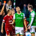 Ryan Porteous is red carded for a foul on Borna Barisic during a Ladbrokes Premiership match between Hibernian and Rangers, at Easter Road, on December 20, 2019, in Edinburgh, Scotland. (Photo by Alan Harvey / SNS Group)