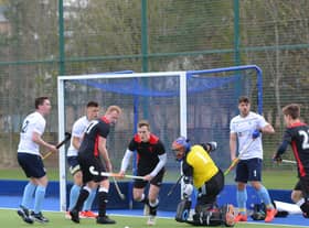 Goalmouth action as Grange pile on the pressure against Dunfermline Carnegie at Fettes. Picture: Nigel Duncan