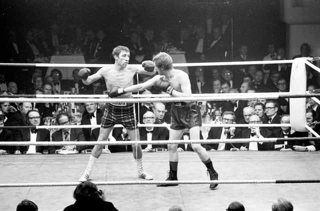 Ken Buchanan taking on Glasgow fighter Jim Watt in a British lightweight boxing match in Glasgow in 1973.  Referee is George Smith of Leith