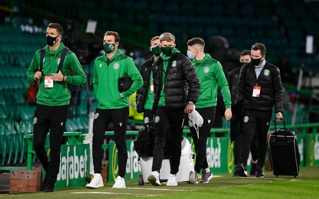 The Hibs players arrive ahead of kick off at Celtic Park
