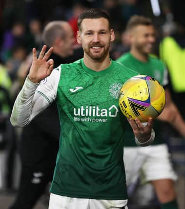 Martin Boyle, celebrating his cup semi-final Hampden hat trick, returns to the Hibs team to face Rangers again after suspension