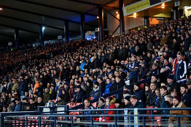 Fans attend a European qualification match between Scotland and Kazakhstan at Hampden Park in November 2019