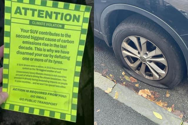 Activists deflated the tyres of Lucy Conn's car, and left a flyer on the bonnet explaining their action.