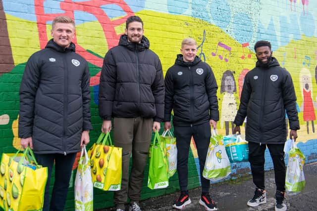 Hearts Players visit to the Broomhouse foodbank. From left: Taylor Moore, Craig Gordon, Alex Cochrane & Beni Baningime. Picture: Contributed