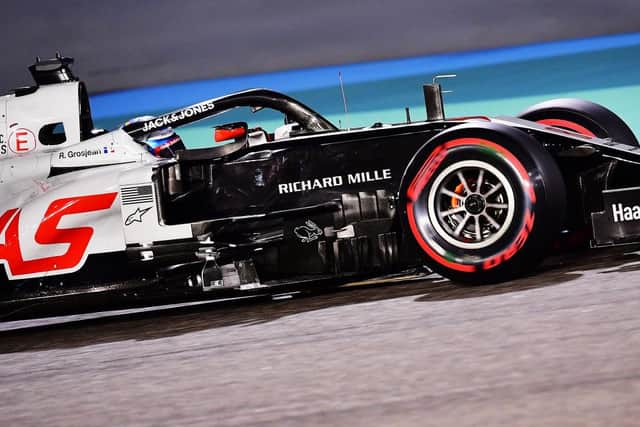 The halo is clearly visible on Romain Grosjean's car as he drives on track during qualifying ahead of the F1 Grand Prix of Bahrain. (Pic: Getty Images)