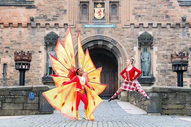 Kalicia Robinscott from Trinidad and Tobago defence force steel orchestra and Alessandra Bruce-Fuoco of the Tattoo Dance company before the start of the 2019 Edinburgh Military Tattoo.